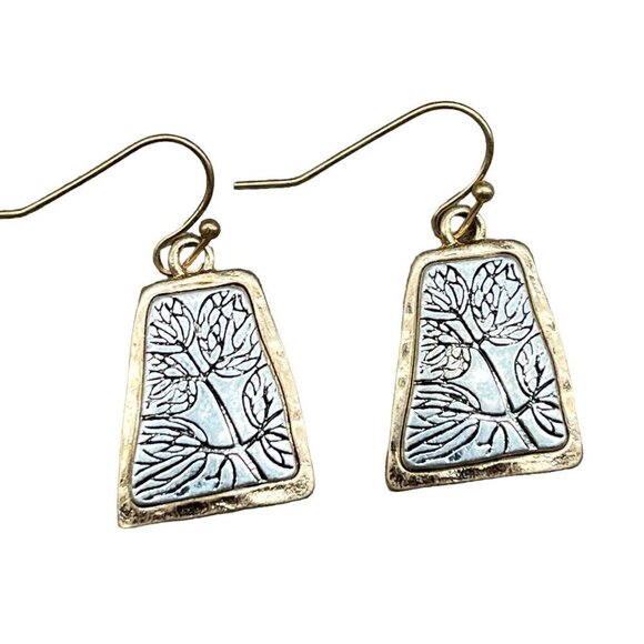 Etched Leaf Drop Earrings Two Tone - Picture 3 of 6
